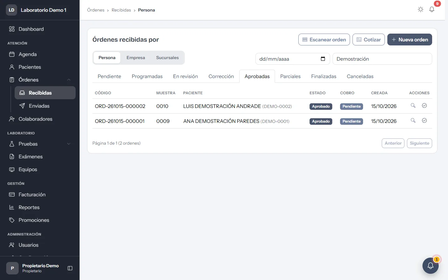 Órdenes recibidas en SkyLabs con estados y cobro