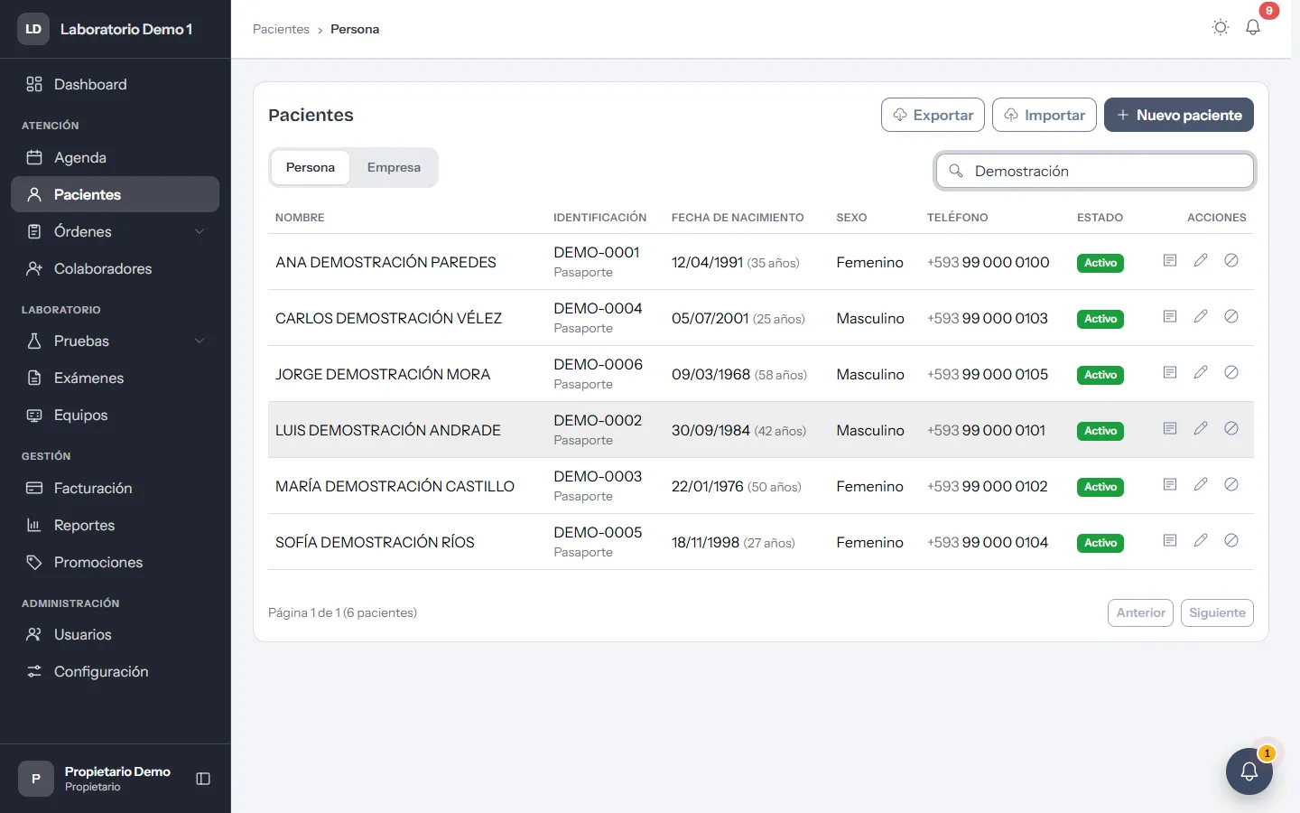 Lista de pacientes de SkyLabs con búsqueda y acciones