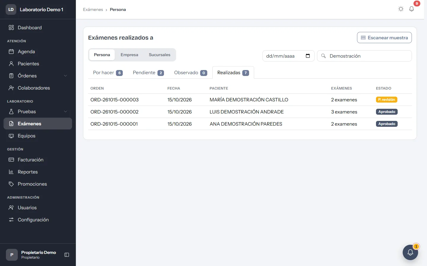 Exámenes realizados en SkyLabs con estado de revisión